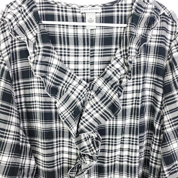 Catherines Top Womens 3X Ruffle Front V Neck Pullover Gingham Plaid Neutral - Picture 3 of 9